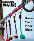 Ninjaline 36 Foot Intro Kit With Seven Hanging Attachments displayed against a tree backdrop, part of outdoor obstacle course setup.