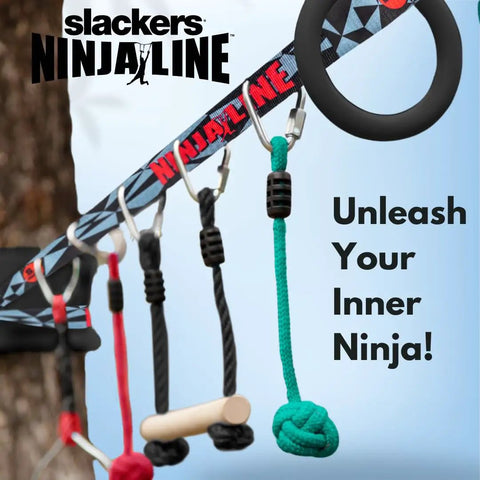 Ninjaline 36 Foot Intro Kit With Seven Hanging Attachments displayed against a tree backdrop, part of outdoor obstacle course setup.