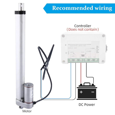 Side view of 12V linear actuator with aluminum housing, 20-inch stroke, mounting bracket and controller