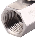 Half Inch Stainless Mini Ball Valve Female To Male NPT Threads, SUS316 Body And Ball, close-up of threaded connection, 2-pack