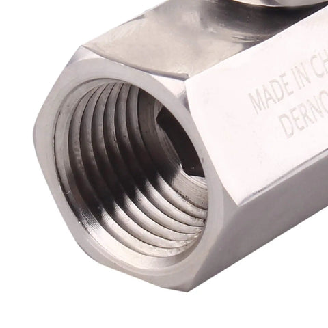 Half Inch Stainless Mini Ball Valve Female To Male NPT Threads, SUS316 Body And Ball, close-up of threaded connection, 2-pack