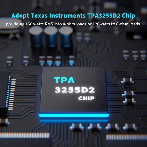 Close-up of Texas Instruments TPA3255D2 chip on circuit board for M03 200 Watt Subwoofer Amplifier With TPA3255 For Home Theater