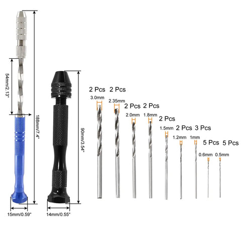 Pin Vise Hand Drill Set 27 Pc Kit 0.5mm To 3mm Miniature Drill Bits For Jewelry Making, Model Craft, Electronics And DIY Projects With Semi Automatic Rotating Bit And Black Needle Vise Handle, Pro Grade Tool For Precise Small Work. blue and black pin vise hand drill with 0.5mm to 3mm bits