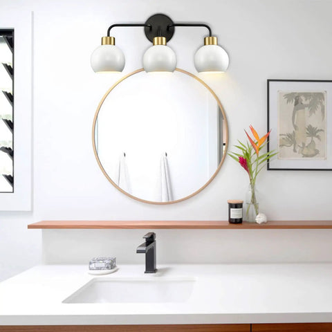 Three Light Bathroom Vanity Light With White Shade In Black Finish Wall Mount Vanity Fixture For Over Mirror Modern Bath Lighting