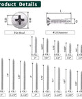 Built Like A Tank 50 Pack Flat Head Sheet Metal Screws 304 Stainless Steel showing sizes and dimensions for various screws.