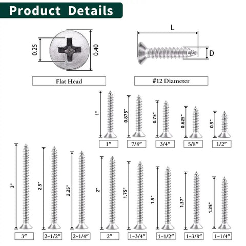 Built Like A Tank 50 Pack Flat Head Sheet Metal Screws 304 Stainless Steel showing sizes and dimensions for various screws.