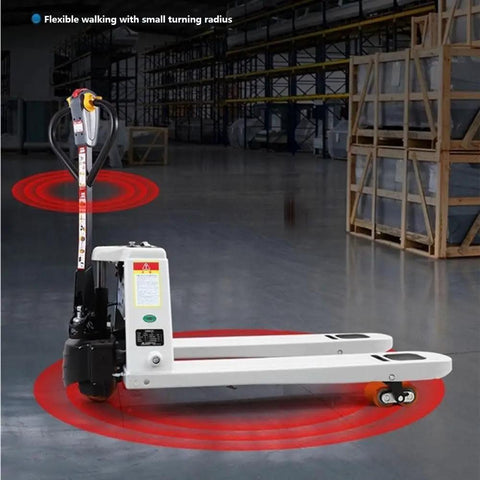 Heavy Duty Manual Pallet Jack With 1500 Kg Capacity showing flexible walking and small turning radius in a warehouse environment.