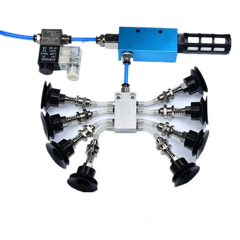 Heavy Duty Black Vacuum Cup Assembly Set With Industrial Manipulator Fittings Solidly Attached Air Exhaust And Solenoid Valve Tracheal Muffler for smooth operation.