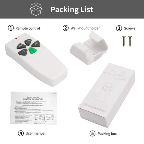 Packing list showing Ceiling Fan Remote Replacement For Harbor Breeze Hampton Bay, wall mount, screws, manual, box
