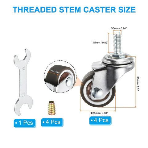 Image showing 1 Inch Mini Swivel Caster Wheels 4 Pack Threaded Stem Casters M6x15mm Bolt Base and wrench for furniture