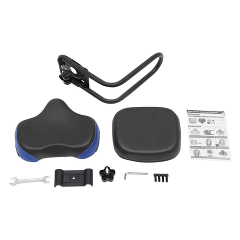 Universal Bike Seat With Backrest For Maximum Comfort Oversized Cushioned Bicycle Saddle With High Density Foam Adjustable Height And Extra Support For Long Rides And All Day Comfy Cruising includes seat, backrest, and hardware