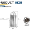 Heavy Duty Silver Ball Point Set Screws M10x20mm 304 Stainless Steel Hex Socket Spring Plungers Grub Screw, dimensions labeled