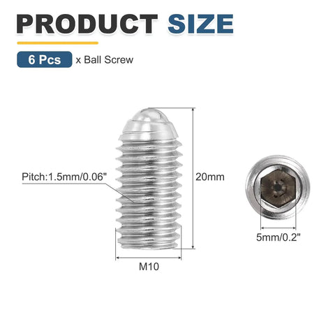 Heavy Duty Silver Ball Point Set Screws M10x20mm 304 Stainless Steel Hex Socket Spring Plungers Grub Screw, dimensions labeled