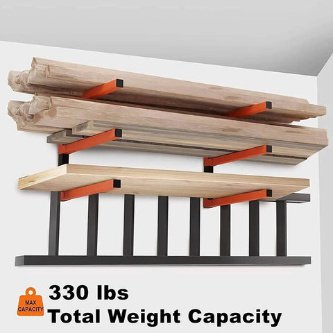 Overhead Wall Mount Lumber Rack For Garage And Woodworking Shop Heavy Duty Wood Storage Shelf with 330 lb capacity laden with lumber