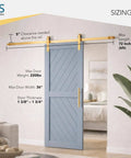 Brushed Brass Gold Barn Door Hardware Kit No Fuss With 72 Inch Track System For Single Door, Heavy Duty Rail, Blue Door Installed