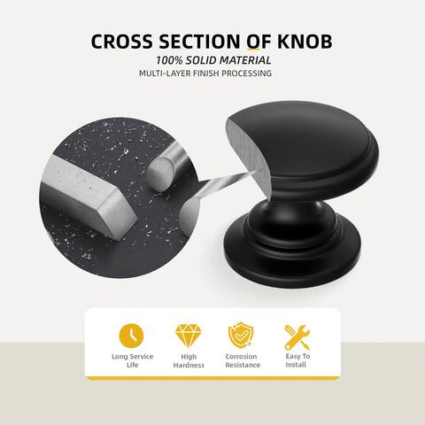 Cross-section of black cabinet knob showing solid zinc alloy material and smooth finish for Bulk 25 Pack Black Cabinet Knobs Round Drawer Pulls Zinc Alloy Hardware For Dresser And Cabinets One And One Fifth Inch Diameter Easy Install Sleek Modern Look Durable Finish With Smooth Touch For Everyday Kitchen And Furniture Makeover.