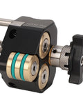 Pro Level Chisel Sharpening Jig With Adjustable Angle Ruler And Secure Clamps For Five To Seventy Millimeter Blades close-up of mechanism with aluminum and brass components.