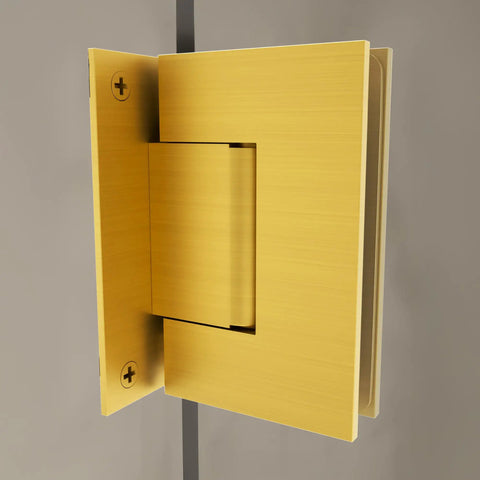Heavy Duty Wall Mount Back Plate Shower Door Hinge In Satin Brass Finish For Frameless Glass Doors, 90 Degree Swing, Close-Up View