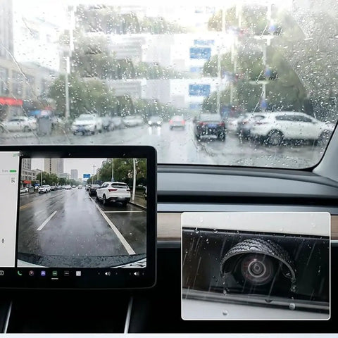Four Piece Backup Camera Rain Shields For Tesla Cybertruck installed over rear camera, enhancing visibility in driving rain.