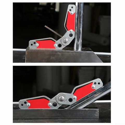 Heavy Duty Magnetic Welding Positioner Fixture With Adjustable Angles For Secure Metalwork Holds 77 Lbs showing dual sided magnets in use.
