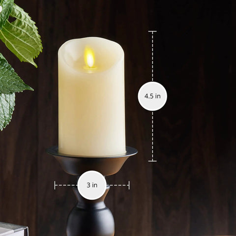 Flameless LED Ivory Pillar Candle With Real Wax Look, Battery Powered, Realistic Moving Flame, No Mess Safe Indoor Mood Lighting, 3 By 4.5 Inches, Pack Of 1 on stand
