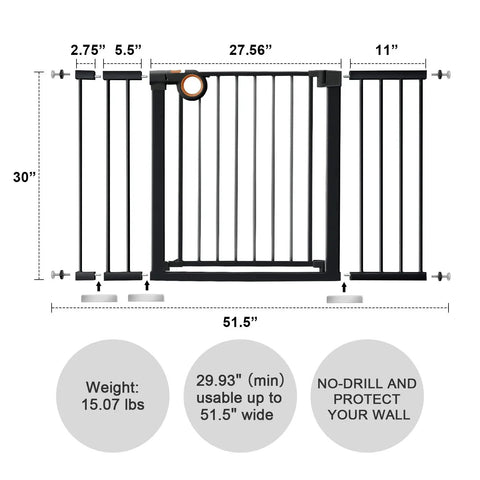 Diagram of the Extra Wide Baby Gate For Stairs And Doors 29.93 To 51.5 Inches With Auto Close Door Pressure Mount Kid And Pet Proof Gate 30 Inch Tall showing dimensions and features.