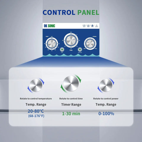 Control panel of Badass Performance Ultrasonic Cleaner 10 Liter Tank showing temperature, timer, and power controls.