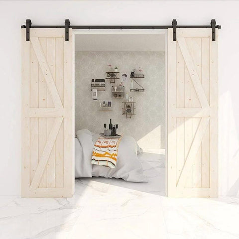 5.5 Foot Sliding Barn Door Hardware Kit Heavy Duty Track For Double Wood Doors installed showing J Shape Hangers
