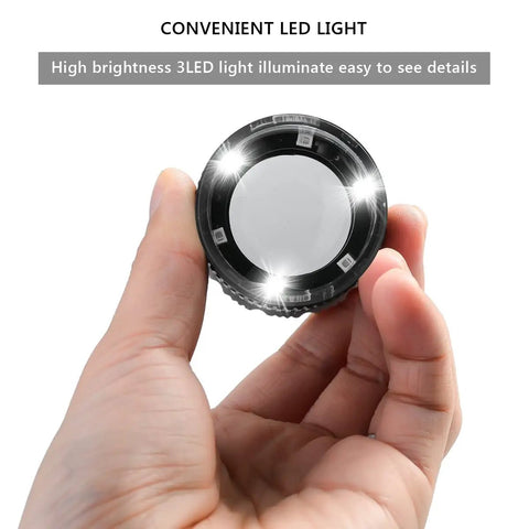 30X Loupe Magnifier With Adjustable Focal Length And Foldable Design with LED lights for detailed inspection held in hand