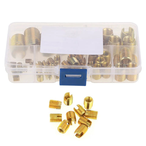 50Pcs Brass Tone Self Tapping Slotted Thread Inserts Kit For Quick Thread Repair No Pre Threading Needed Strong Tensile Strength And Vibration Resistant Easy To Use Thread Repair Tool Set in plastic box