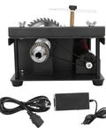 Top Pick Mini Table Saw With A Slick 25 Piece Cutting Kit For Effortless Wood And Jade Crafting Featuring Heavy Duty Lathe Polishing And Power Drilling Tools US Plug Included, showing the motor and saw blades.