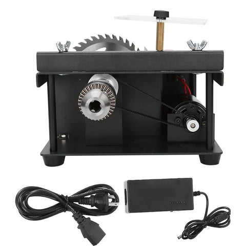 Top Pick Mini Table Saw With A Slick 25 Piece Cutting Kit For Effortless Wood And Jade Crafting Featuring Heavy Duty Lathe Polishing And Power Drilling Tools US Plug Included, showing the motor and saw blades.