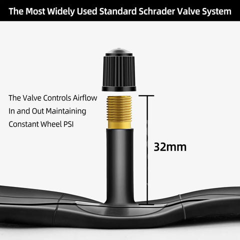 Close-up of 32mm Schrader valve from Two Pack 16 Inch Bike Inner Tubes For Kids Mountain Bikes Fits 1.75 To 2.125 Tire Width