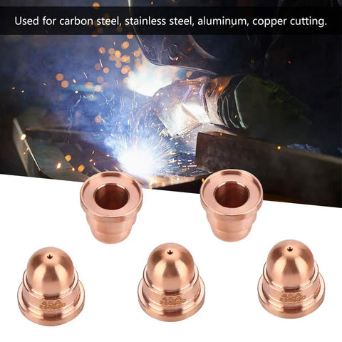Premium 5 Pack Plasma Cutter Nozzles Model 220930 For MAX65 Torch Tips Heavy Duty Consumables Made With Copper For Cutting Carbon Steel Stainless And Aluminum With A Smooth Professional Finish - Copper nozzles for metal cutting.