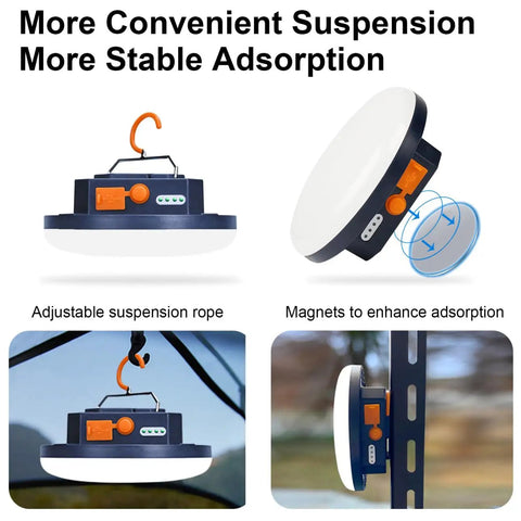 Insect Proof Red Light Camping Lamp With 10000mAh Battery showing adjustable rope and magnetic adsorption features