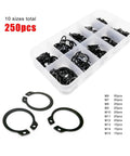 Assortment Kit Of External Circlips And Retaining Rings 5 To 20 Mm Black 65Mn Steel C Type For Bearing Shafts 10 Sizes 250 Pieces