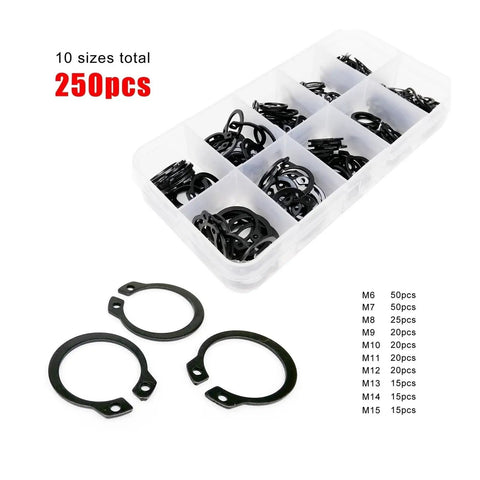 Assortment Kit Of External Circlips And Retaining Rings 5 To 20 Mm Black 65Mn Steel C Type For Bearing Shafts 10 Sizes 250 Pieces