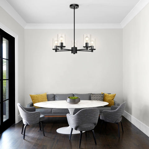 Dining room with Bold Black Five Light Adjustable Pendant Chandelier With Glass Shades, Model XB-C1240-5-MB, over a table.