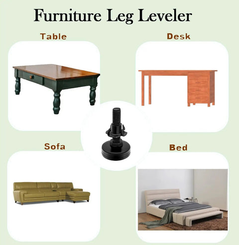 Heavy Duty Adjustable Leveling Feet 4 Pack With Three Eighths Inch 16 UNC Threads Leg Levelers for different furniture types.