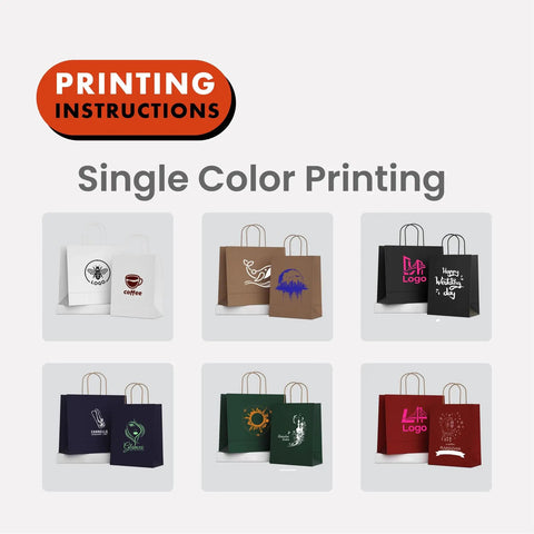Go-To Custom Kraft Paper Bags With Handles, 100 Pack, dual-sided printing example on colored bags.