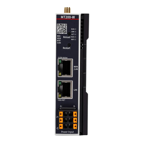 High Performance Edges Expandable IO Module For Industrial IoT And Smart Factories With Rugged, Rock Solid Hardware, Versatile Protocol Support Including Modbus, Grouped Active Reporting, Customizable JSON, And Easy Plug And Play Integration front view with Ethernet and power ports