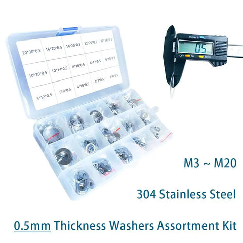320 Piece Flat Washer Set With 15 Sizes From M3 To M20 0.5mm Thick 304 Stainless Steel Thin Gaskets in a clear case
