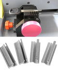 Key Duplicating Fixture Clamp for Key Machines in silver, durable stainless steel set, showing installed and individual pieces.