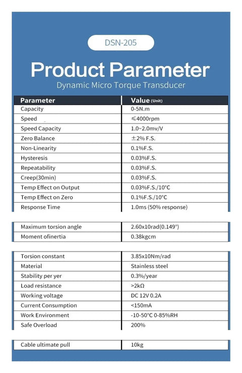 Product specification sheet for Rotary Torque Transducer For AC And DC Motors Pro Grade Torque Sensor With 0 To 5 Nm Range Ultra Compact Space Saver High Precision Measurement Easy Install For Motor Testing And Lab Diagnostics