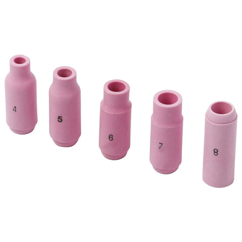 Five pink alumina nozzles with numbers 4 to 8 for 58 Piece TIG Welding Torch Kit With Collets, Alumina Nozzles, Gas Lens, And Consumables