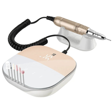 TopShelf Electric Nail Drill Machine With Touch Screen And Lcd Display For Acrylic And Gel Sanding Smooth Ride For Salon Or Home Manicure Sessions Compact Build In Pink with gold handpiece and accessories.