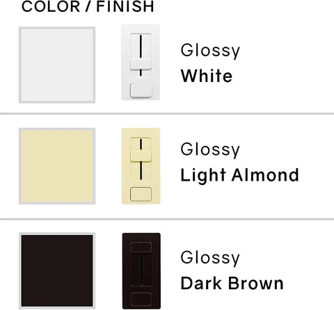 EZDim 60W LED Driver And In Wall Dimmer Combo For 24V Tape Lights color options: glossy white, light almond, dark brown finish.