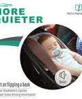 Baby sleeping quietly in car seat with pacifier, text overlay "More Quieter, Quiet as flipping a book, Unique Asymmetric Spoiler"