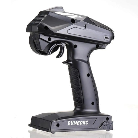 Side view of black gun-style X4 4CH RC Radio System Transmitter And Receiver For Cars Boats Tanks 2.4GHz Remote Controller.