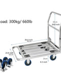 Foldable Heavy Duty Dolly Trolley with dimensions for tool hauling and heavy load transport on stainless steel flatbed platform.